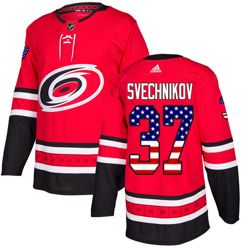 Men's Andrei Svechnikov Authentic Red Jersey: Hockey #37 Carolina Hurricanes USA Flag Fashion