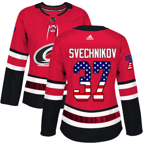 Women's Andrei Svechnikov Authentic Red Jersey: Hockey #37 Carolina Hurricanes USA Flag Fashion
